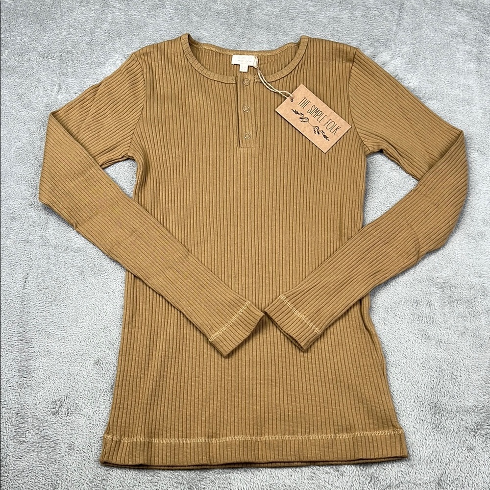 NEW The Simple Folk 0 Organic Cotton Camel Tan Women's Ribbed Henley Top‎